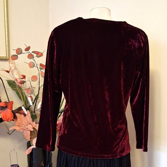NWT Scoop Neck Wine-red Burgundy Embroidered Blouse Long Sleeve Women’s Top 12 - Picture 4 of 9